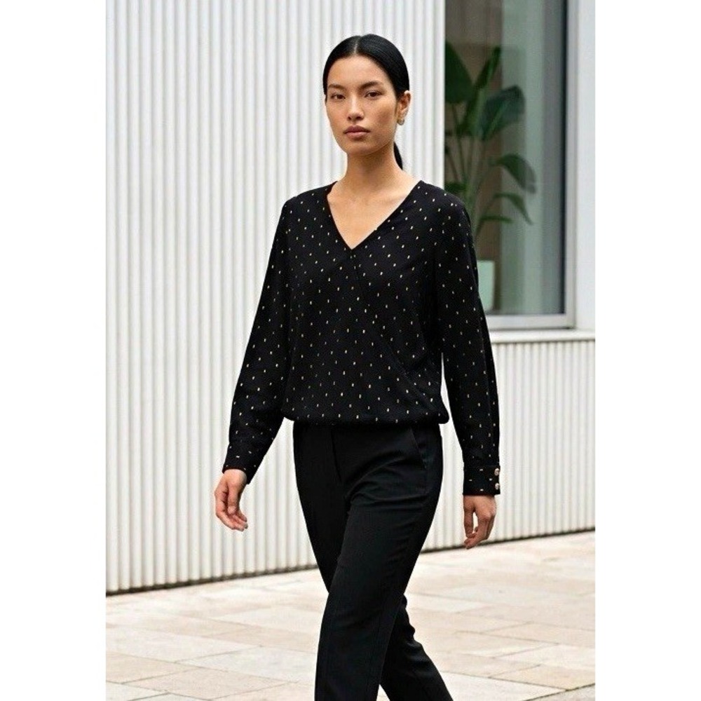 Carmen Marc Valvo Womens Black Gold Polka Dot V-Neck Long Sleeve Blouse M